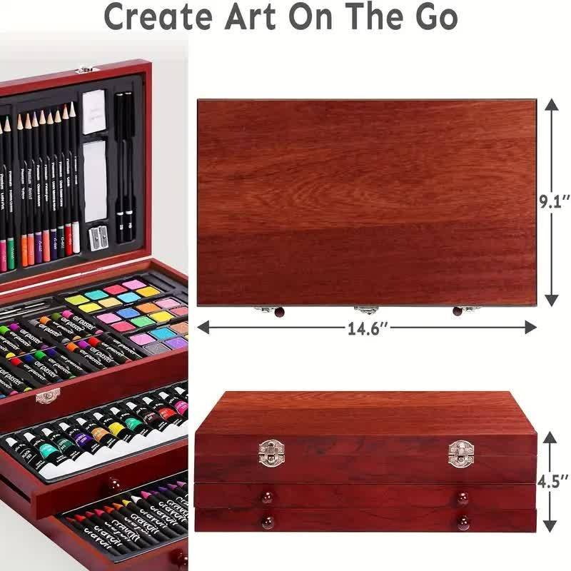 Black 175-Piece Deluxe Art Set with 2 Drawing Boards, Wax Crayons, Acrylic Paints, Colored Pencils, Wooden Storage Case – Professional Painting Kit, Art Supplies, Ideal Gift for Christmas, Halloween, and Back-to-School Season
