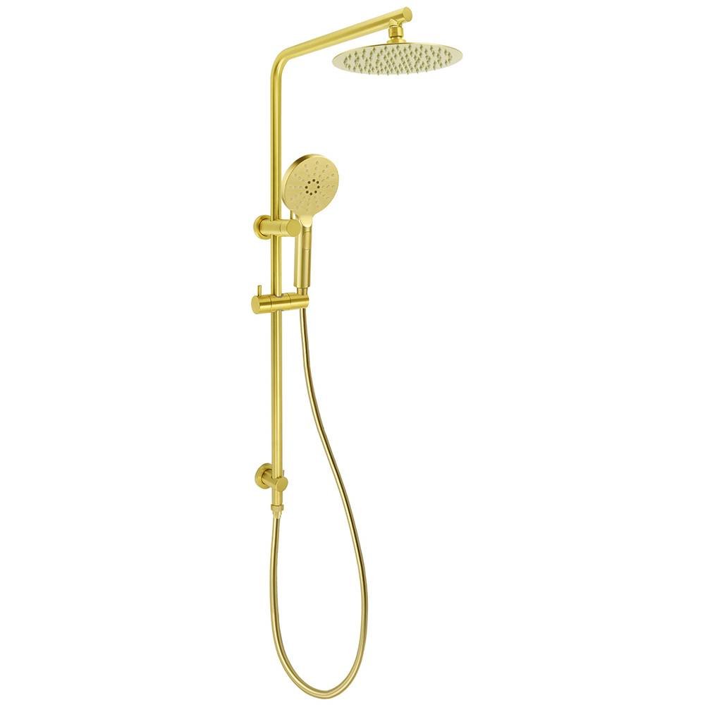 Brushed Gold 2in1 Shower Set 8" Round Head 3 Modes Handheld Sliding Rail Arm + Twin Taps