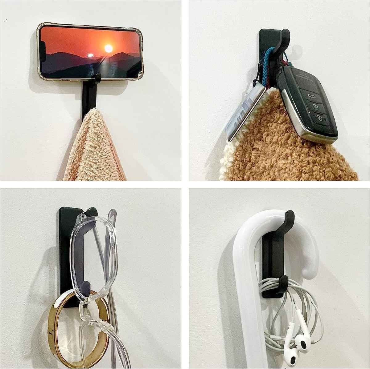 Silver Towel Hooks - Set of 6 - Self-Adhesive Wall Hooks - No Drilling Required - For Bathroom & Kitchen