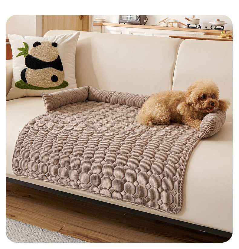 Brown Pet Sofa Protector & Calming Bolster Bed with Diamond Lattice - 75x75CM Thickened Non Slip Furniture Cover for Cats & Dogs