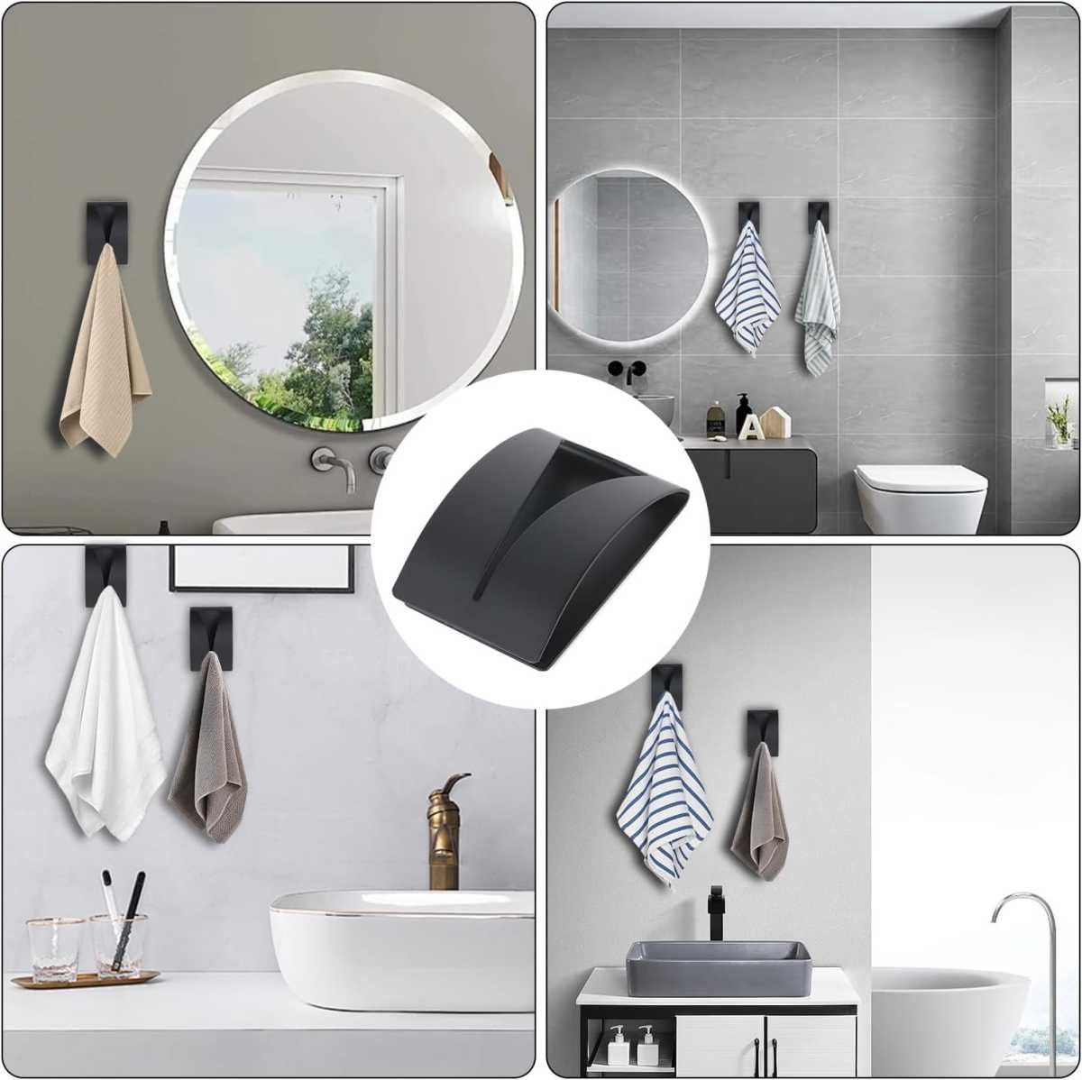 Black Towel Clip - Set of 4 - Stainless Steel - Self-Adhesive Tea Towel Holders - Wall Hooks for Kitchen