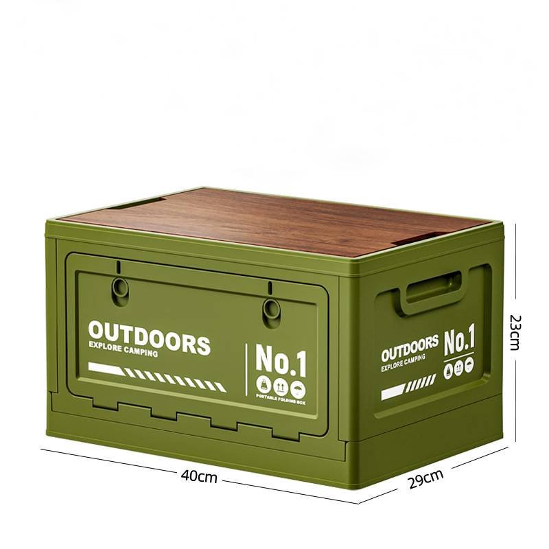 40cm Green Multifunctional Foldable Storage Box with Wooden Lid - Collapsible Outdoor Camping Crate, Stackable Home Organizer with Side-Opening Doors for Car Trunk, Picnic and Pantry