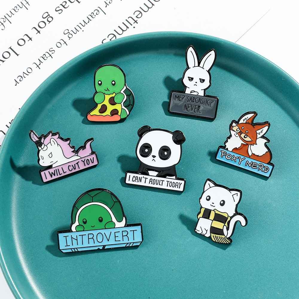 6 PCS Funny Animal Enamel Pins - Rabbit, Cat, Turtle, Fox, Panda & Unicorn Brooch Set - Cute Cartoon Lapel Badges for Backpacks & Jackets