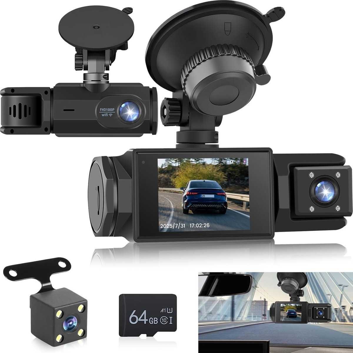 WiFi Car Dash Cam – 3-Channel Wireless Camera with App, Front, Interior, and Rear Cameras, Full HD 1080p, 2-inch IPS Screen, Night Vision, Motion Detection, Loop Recording, 64GB Memory Card Included
