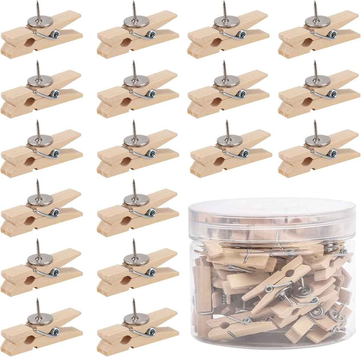 Pin Board Pins - 50 Pieces - Wooden Clip Pushpins - Pin Board Pins - Pushpins - For Memos & Photos - Wall & Wall Decoration - Suitable for Cork Board Art, Pin Boards, Craft Projects & Photography Supplies - 3.5*0.7cm - Light Brown