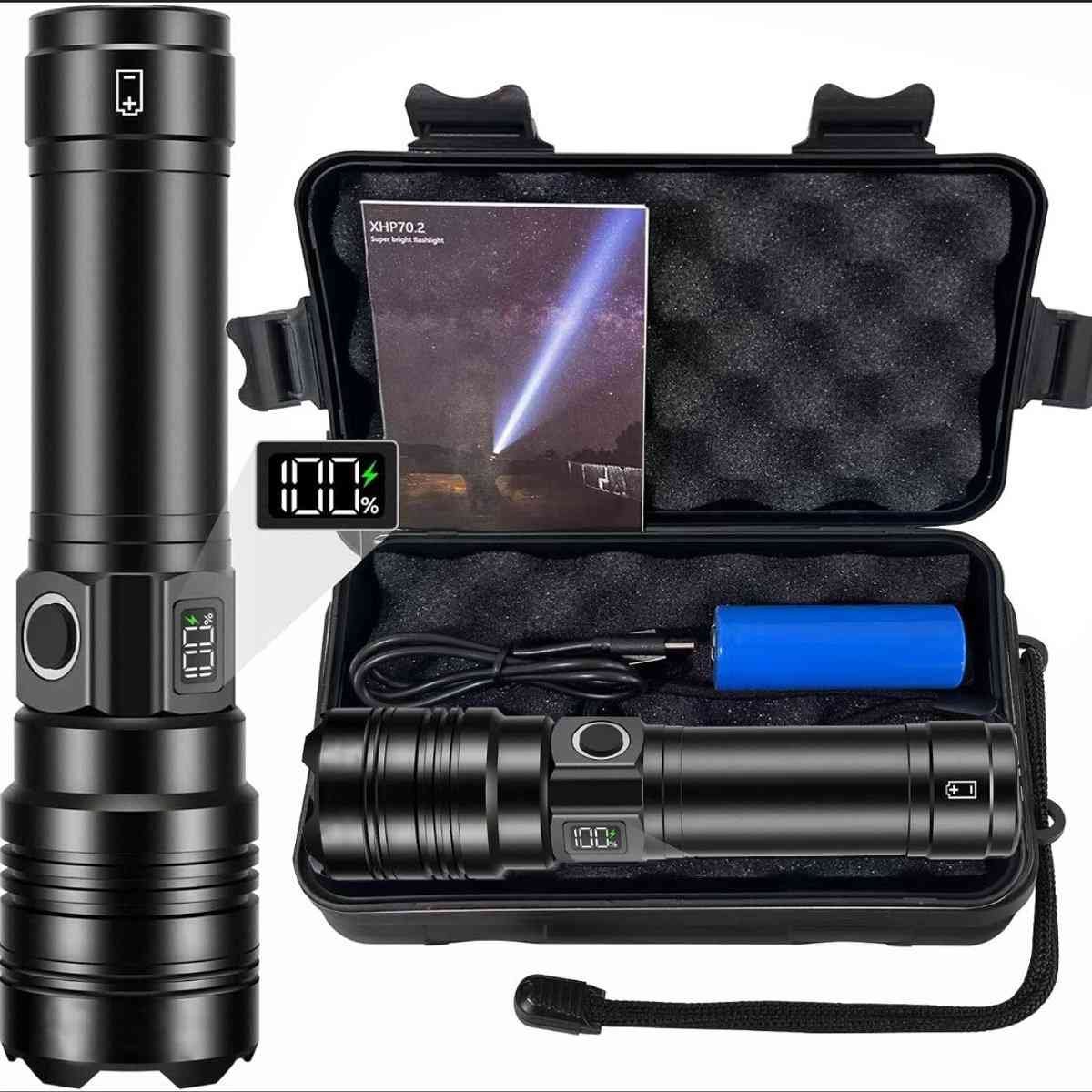 Rechargeable 50,000 lumen flashlight, long range, ultra-bright USB-C LED, long battery life, 5 modes, powerful zoomable flashlights, for emergencies, hiking and camping.
