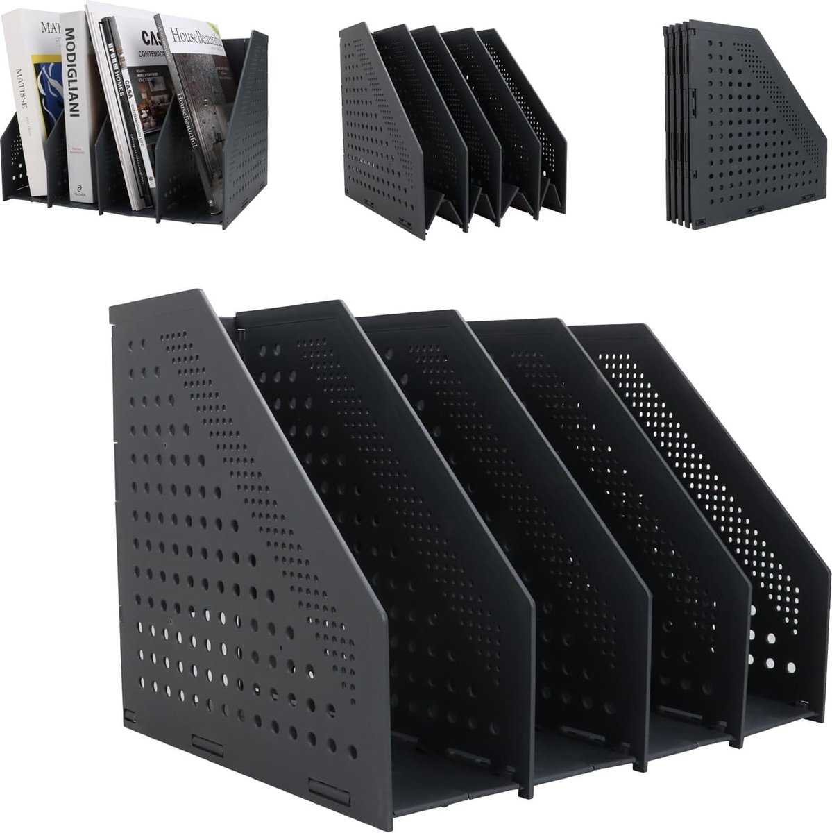 Magazine cassette - 4 compartments - A4 format - desk organizer - Magazine holder - Magazine rack - Newspaper holder - Magazine rack - Magazine holder - Magazine rack - 330 x 255 x 243 mm - Dark gray - foldable - plastic