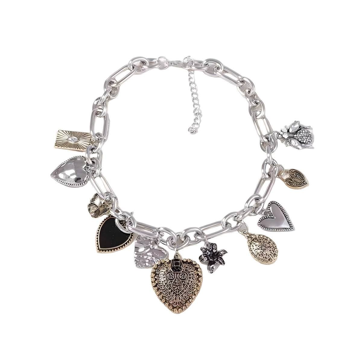 European and American Statement Exaggerated Heart & Floral Rhinestone Necklace - Adjustable Retro Chunky Clavicle Chain (Sliver)