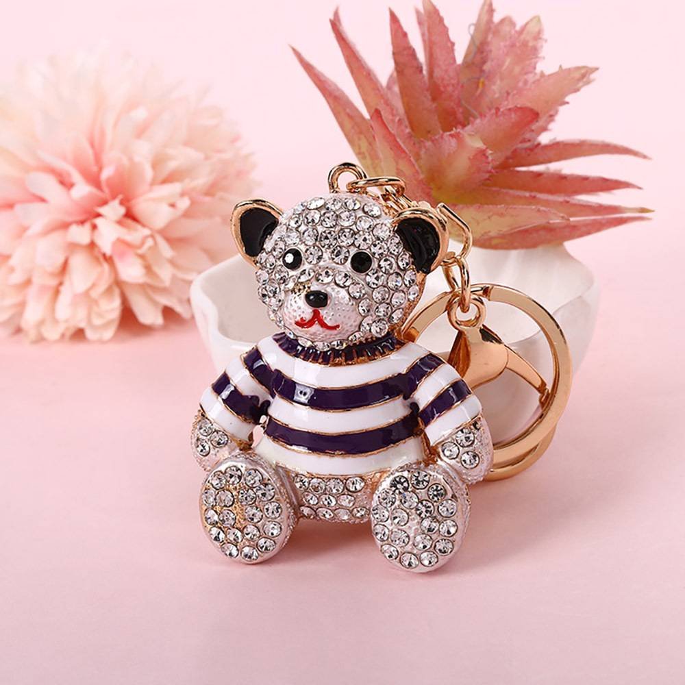 Purple Stripe Crystal Bear Keychain Sparkly Rhinestone Bag Charm Cute Alloy Keyring Gift 