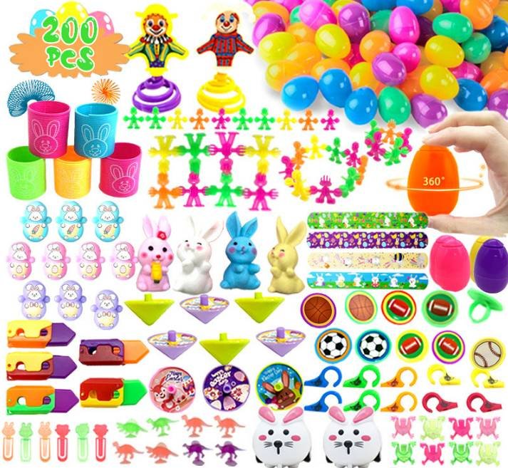 200 PCS Easter Party Favours Set with Plastic Eggs & Assorted Toys - Bulk Fillers for Kids Egg Hunts, Basket Stuffers & Classroom Rewards