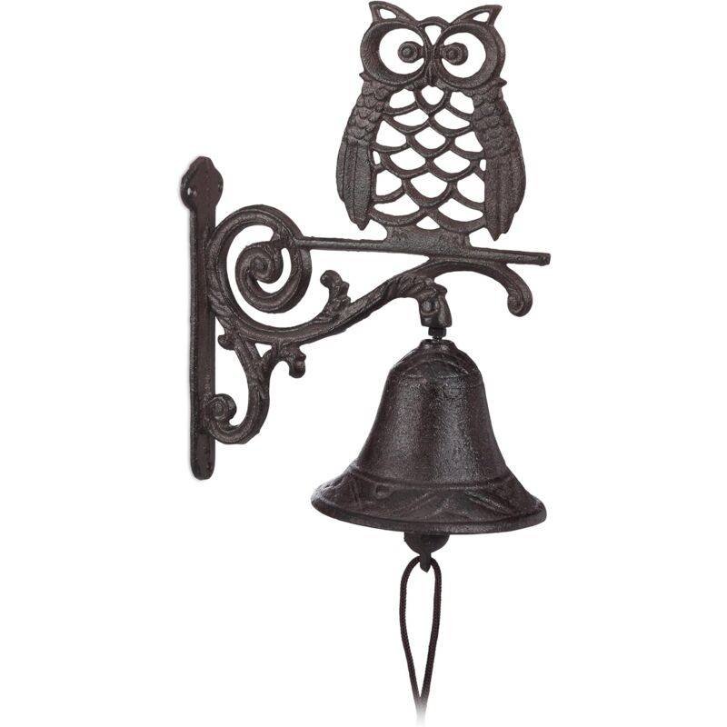 Cast Iron Owl Bell Antique Rustic Wall Mounted Doorbell Owl Cord Waterproof Decorative Garden Door DArk Brown, Brown