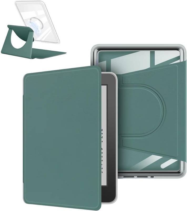 360° Rotating & Detachable Magnetic Case for 6.8" Kindle Paperwhite 11th Generation (2021)  – Auto Wake/Sleep, Hands-Free Stand, Clear Back Cover (Dark Green)