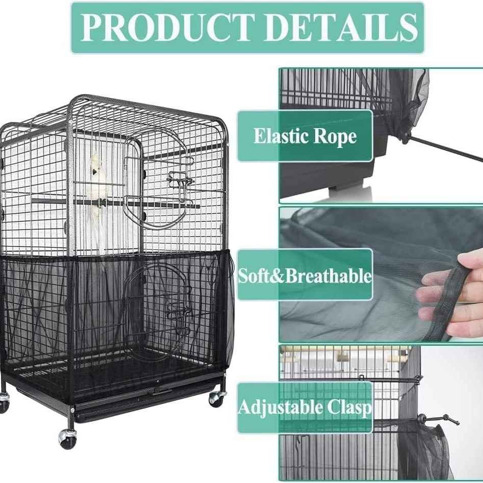 S White【Height 17, Circumference 110】 Large Bird Cage Seed Catcher Net Cover - Adjustable Mesh Guard Splash-Proof Dust Cover for Indoor Outdoor Cages