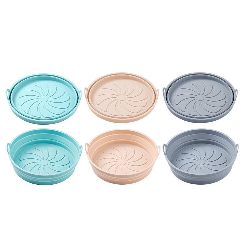 Airfryer silicone baking molds - reusable airfryer basket - baking tray - multifunctional round baking tray - microwave and oven safe - pink + gray + blue - 3 pieces