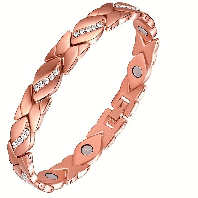 Leaf Magnetic Therapy Bracelet with Rhinestones - Geometric Stylish Wristband & Wellness Jewelry, Free Removel Tool(Rose Gold)