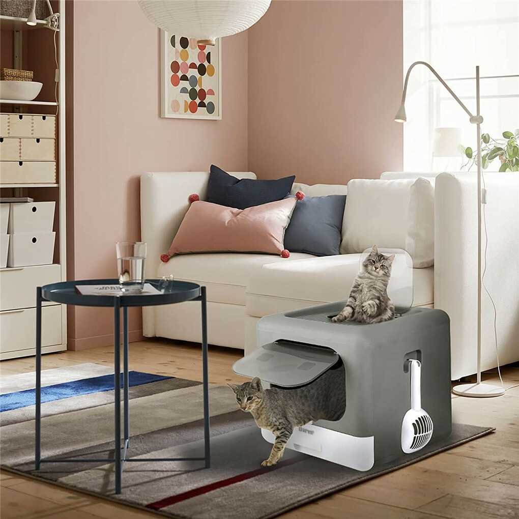 Foldable Fully Enclosed Hooded Cat Litter Box Self-Cleaning Kitty Toilet w Tray