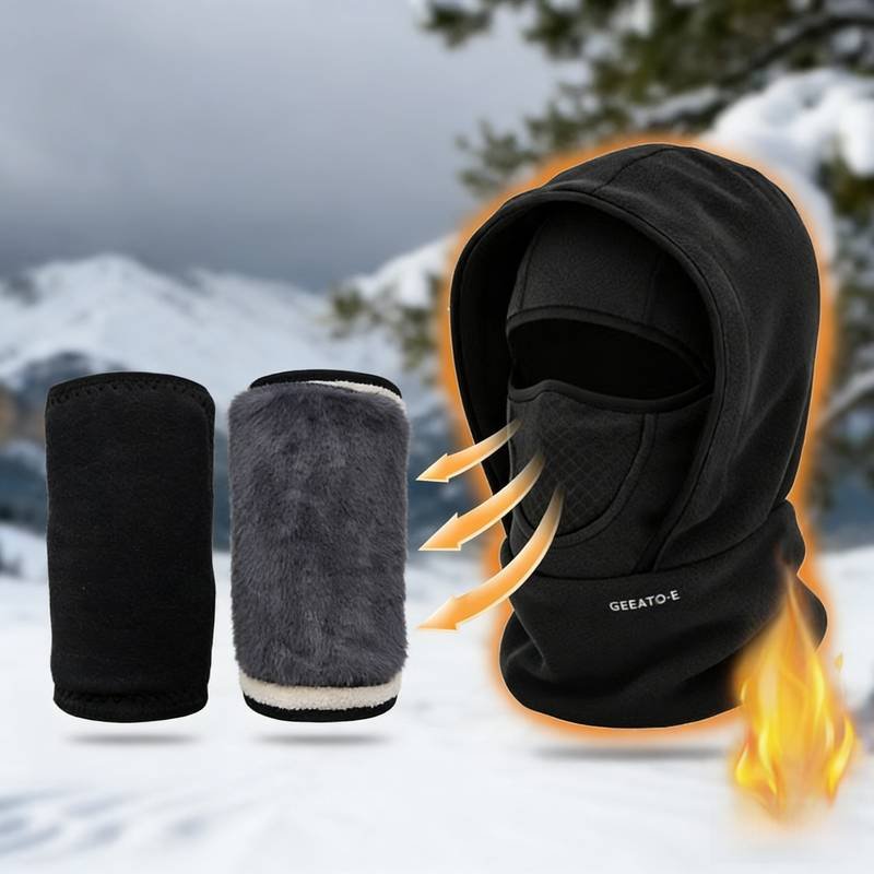 Windproof Thermal Rider Protection Set - 2 Pack Faux Rabbit Fur Knee Braces & Black Fleece Balaclava Hood Outdoor Sports Warmth Bundle
