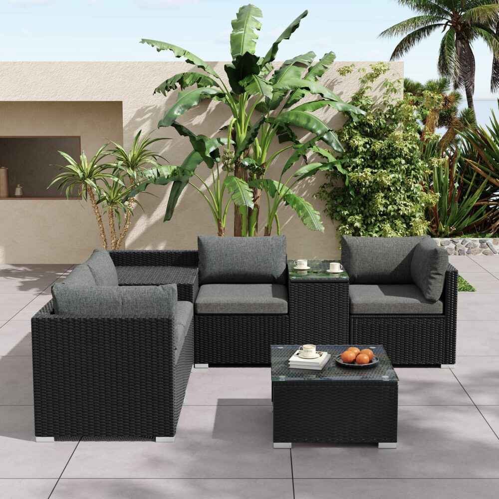 7PC Outdoor Wicker Loveseat Setting with Storage Corner (Black)