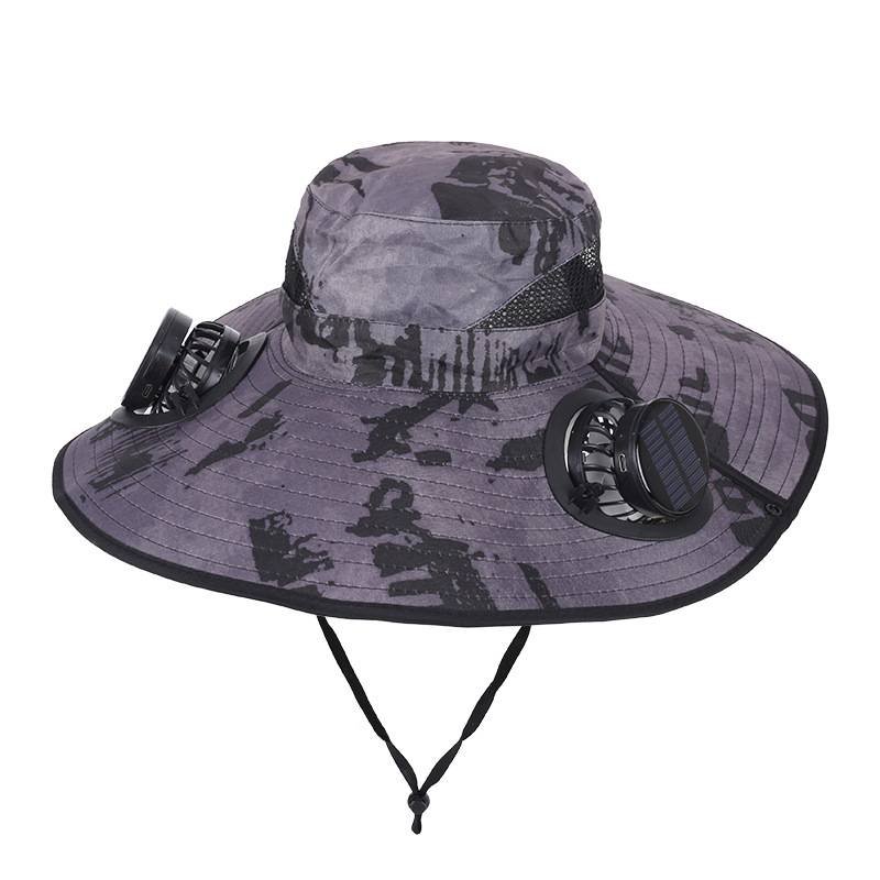 Camouflage Grey Dual Turbo Fan Sun Hat with Round Solar Panel & TypeC Interface - Waterproof 14cm Wide-Brim Cooling Hat for Outdoor Fishing Hiking Camping