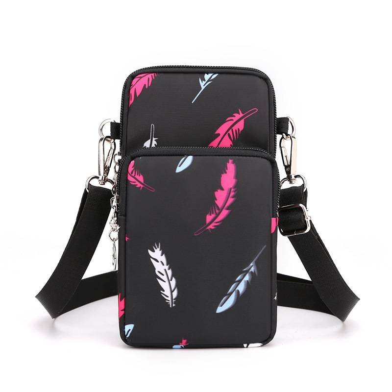 Black Feather 3-Layer Waterproof Nylon Vertical Crossbody Phone Bag -  Lightweight Phone Purse with Headphone Jack & Adjustable Strap
