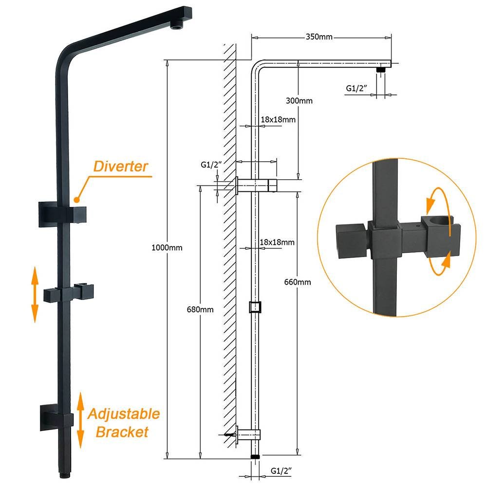 WELS Matt Black 8" Rainfall Shower Head 3 Modes Handheld Wall Rail Arm 2in1 Set