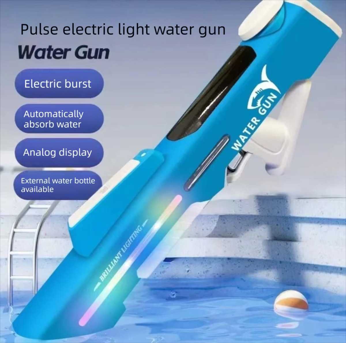 Electric Water Gun Auto Refill 46cm Blue LED Pulse Blaster High Pressure Toy with External Bottle Connector & Manual Mode for Summer Pool Party