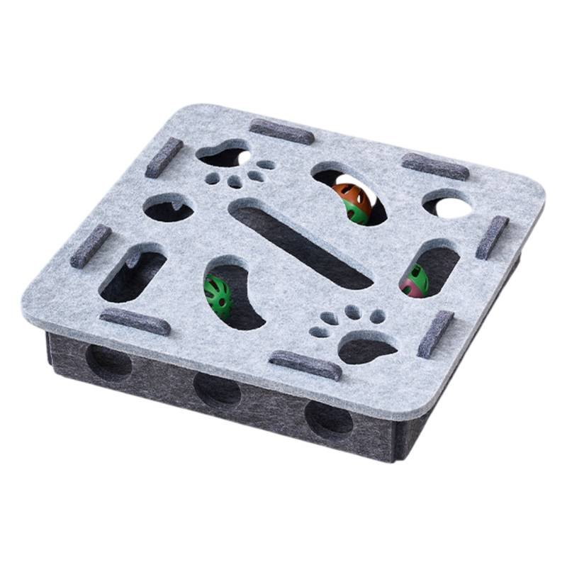 Grey Felt Puzzle Square Shape Box Cat Toy with 2 Metal Bell Balls - Scratch-Resistant & Interactive Hide-and-Seek Toy, Brain Stimulating Fun