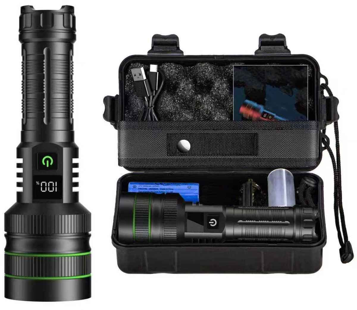 Rechargeable LED Flashlight - Military Flashlight - 5000 lumens - 26650 rechargeable battery - 6 modes - Power bank function - IP67 waterproof - Battery-powered flashlight