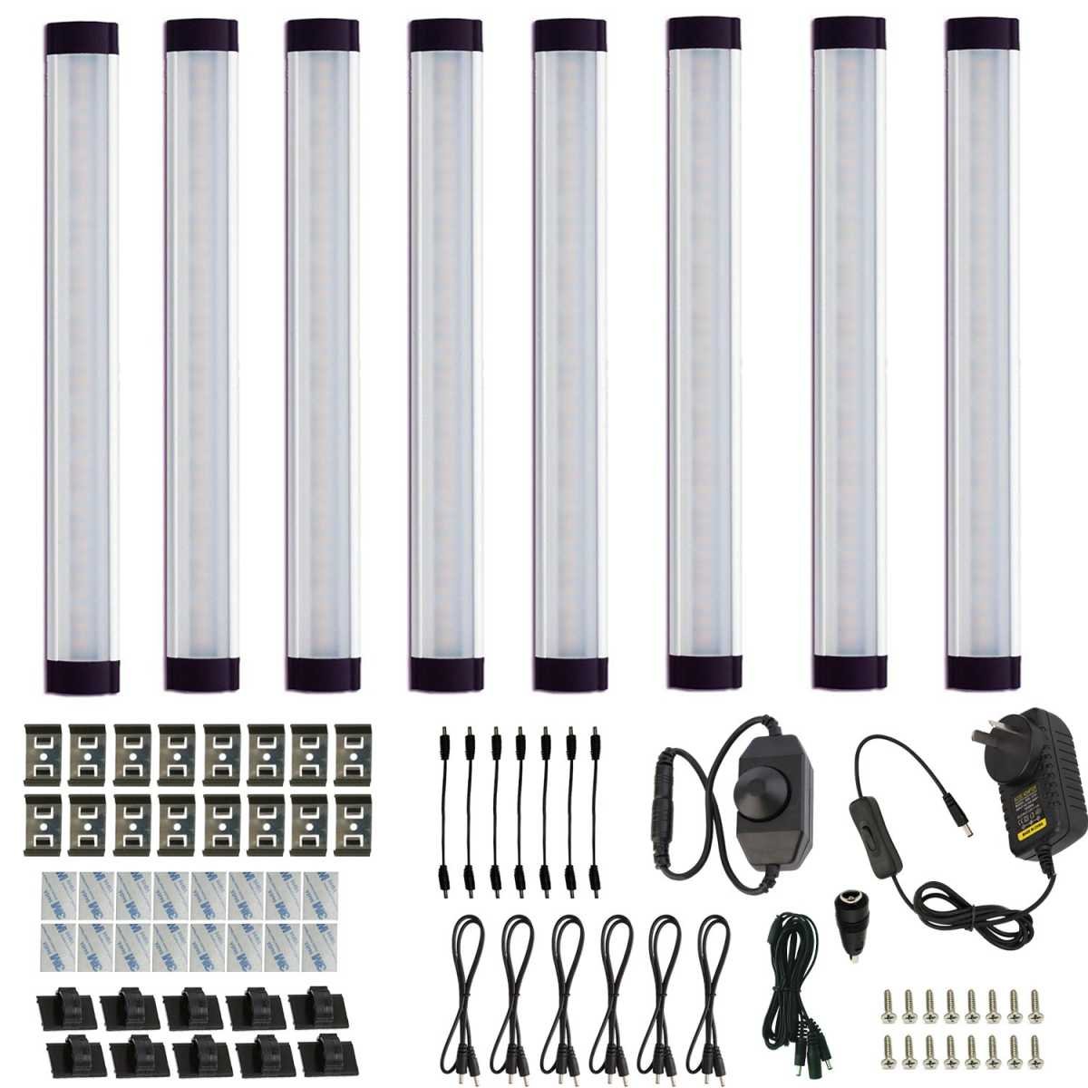 Dimmable LED Under Cabinet Lighting Bar, 12V Under Counter LED Light Strip Linkable Kit with Rocker Switch Kitchen,Showcase,Worktop, Shelf Lighting(8 Panel Kits Warmwhite)