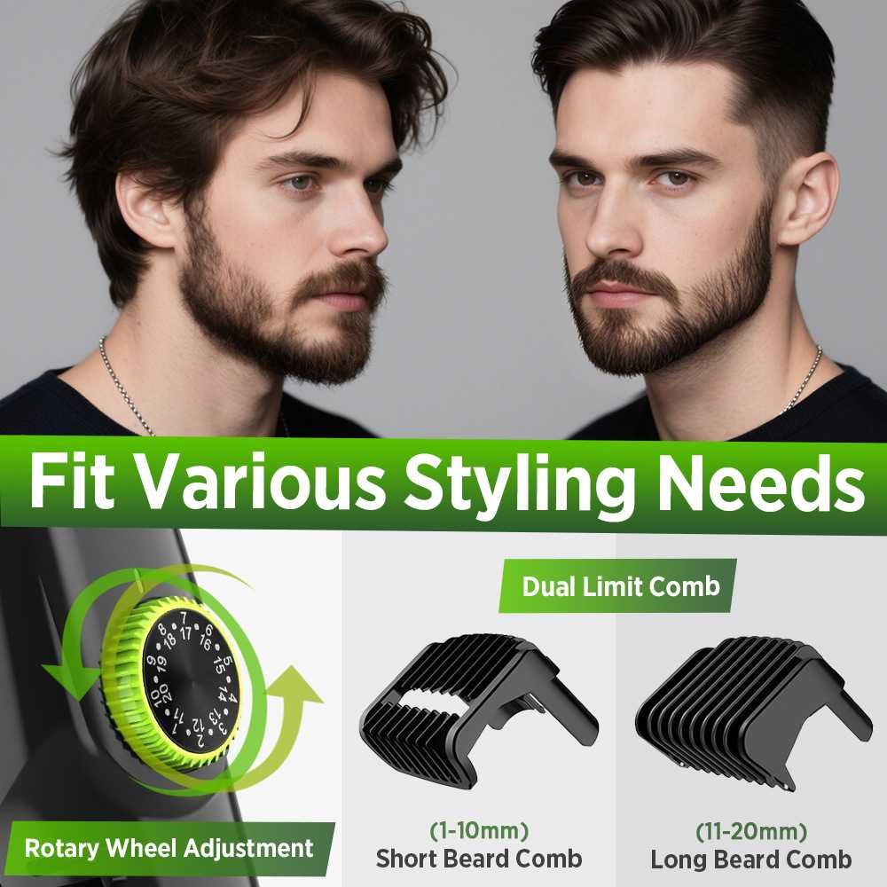 Green Beard & Hair Trimmer with Strong Vacuum Suction and Digital Display - Waterproof Rechargable Electric Clipper
