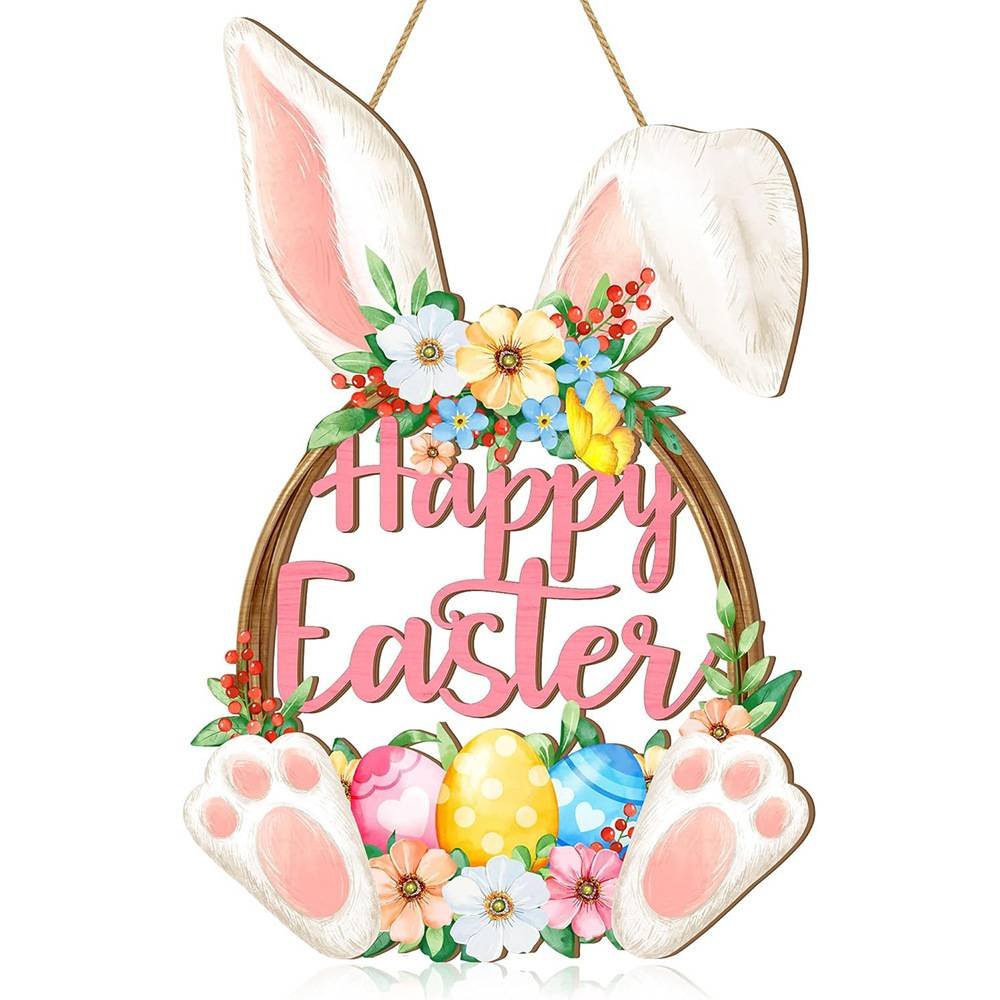 Happy Easter Wooden Wall Hanging Sign with Floral Design and Bunny Ears for Spring Home Decor Door Decoration