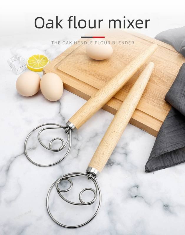 Triple Loop Danish Dough Whisk with Short Oak Handle - 9 Inch Compact Stainless Steel Mixer for Sourdough Starters, Eggs & Batter - Hand Held Flour Blender (3 Eye Design)