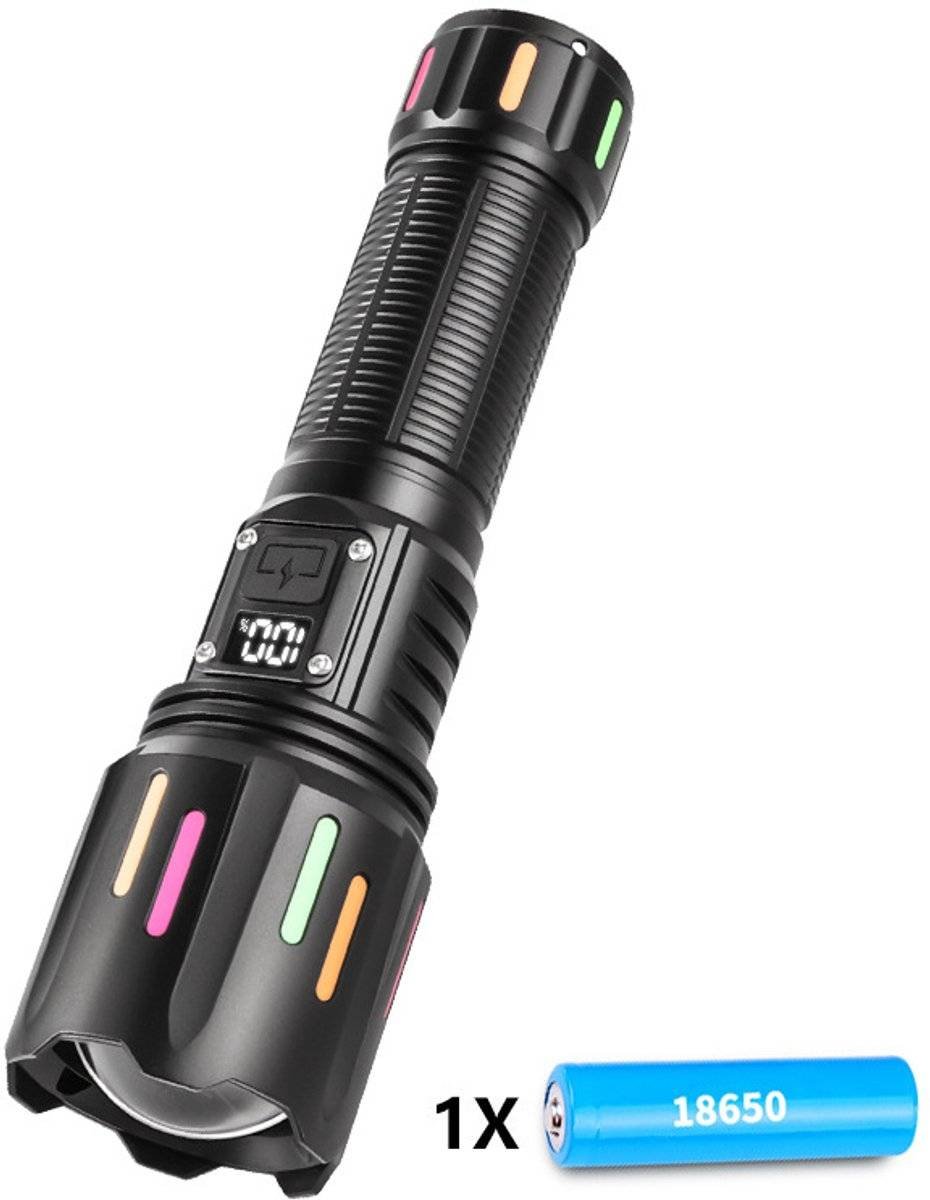 High power white laser LED flashlight, waterproof, rechargeable, Type-C, zoom function - including 18650 battery.