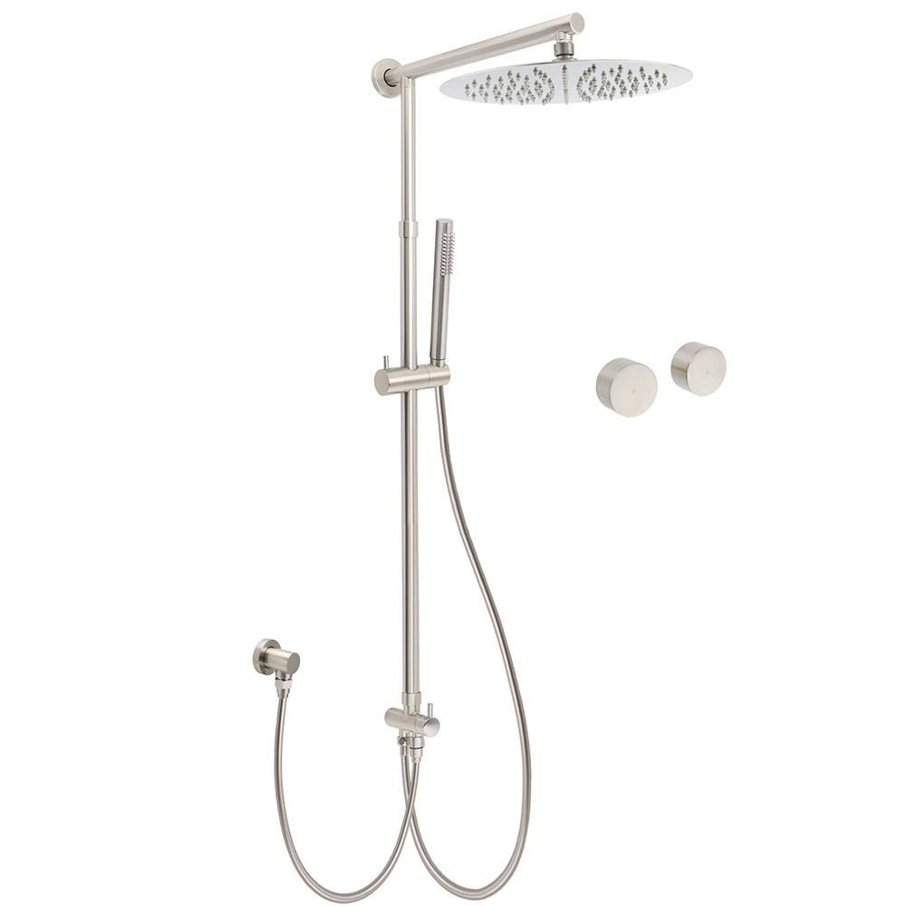 Brushed Nickel Round 12" SUS Rain Head Metal Handheld Shower Sliding Rail Arm Chrome Set + Twin Taps