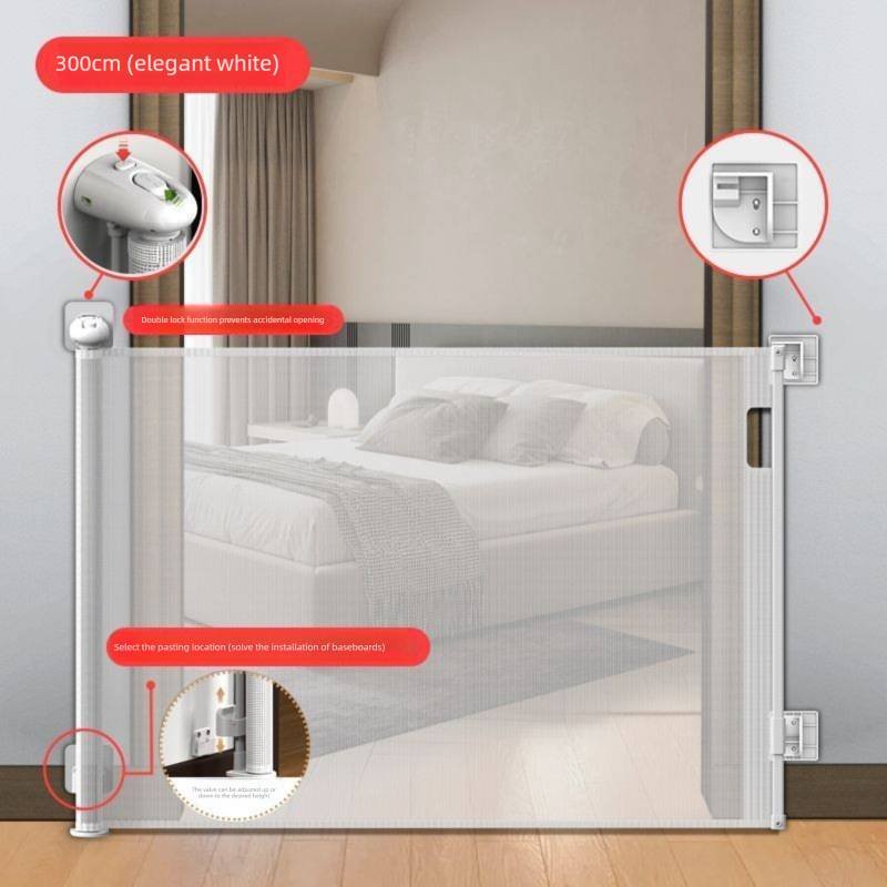 White Retractable Baby Safety Gate and Pet Barrier Extra Wide 300cm for Stairs and Doorways No Drill Mesh In-Home Protection Solution for Local Families