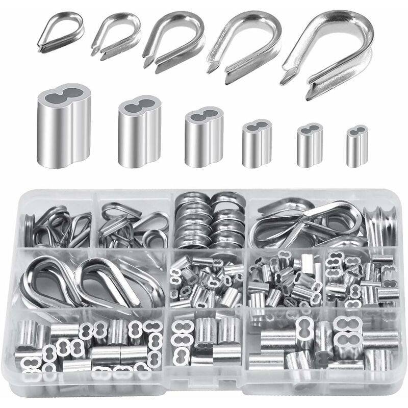 250 pcs 6 Sizes Aluminum Wire ROpe Thimbles Assortment Double Barrel Sleeves & 5 Size Thimbles For Wire ROpe