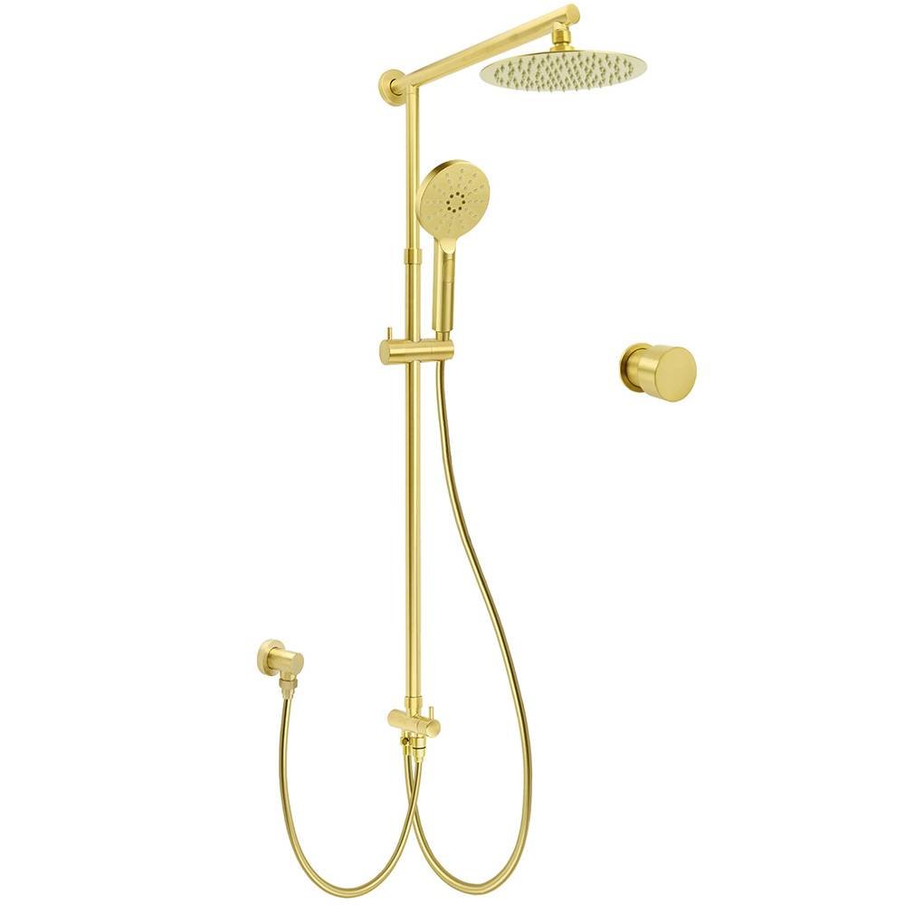 WELS Brushed Gold Dual Shower Set 8" Round Head 3 Mode Handheld Rose Sliding Rail Mixer Valve