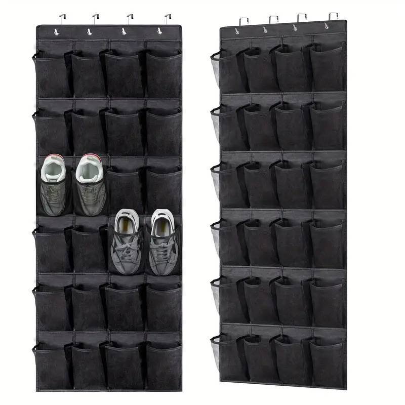 Black Over the Door Shoe Organizer with 24 Mesh Pockets - Space Saving Hanging Storage for Shoes, Accessories, Pantry 