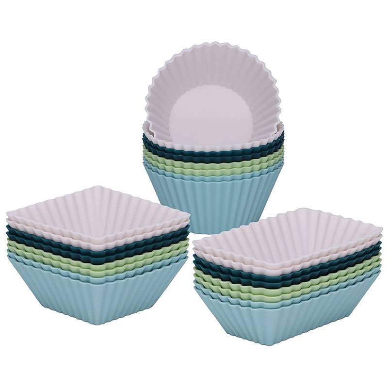 Silicone Muffin Mold Set - 24 Pieces - Reusable Cupcake Molds - Round, Square & Rectangular - Blue & White