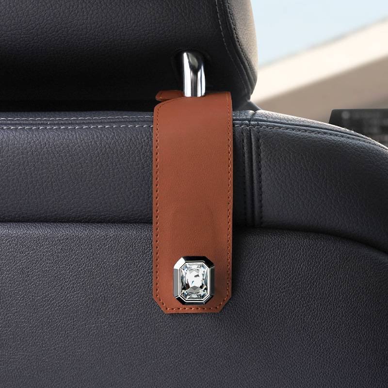 Brown Car Multi-Functional PU Leather Hook with Crystal Decoration – Hidden Storage Hook for Front and Rear Seats (Set of 2)