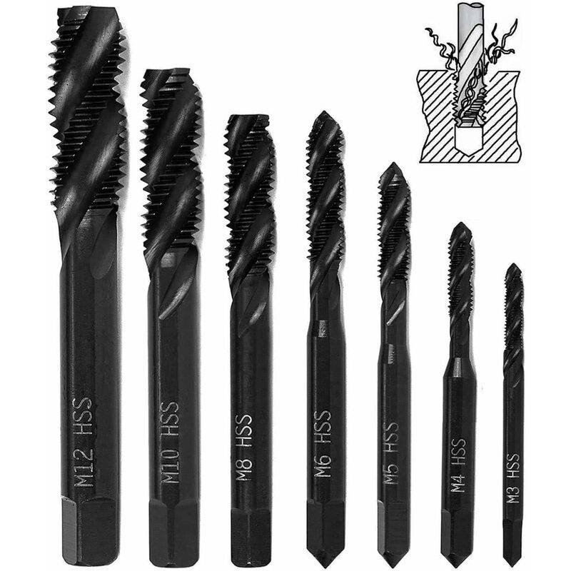 7 pcs Nitride Spiral Point Thread Taps, Hss 6542 Metric Machine Taper Shank Thread Tapping Tool M3 M4 M5 M6 M8 M10 M12
