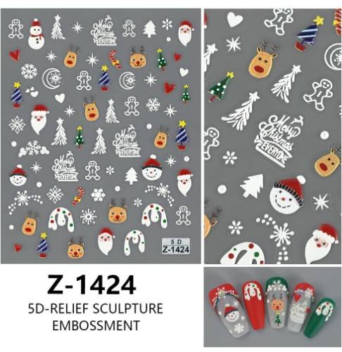 4PCS 5D Embossed Christmas Nail Art Stickers - Santa, Snowman, Reindeer & Snowflake Designs for Festive Manicures(Z-1424)