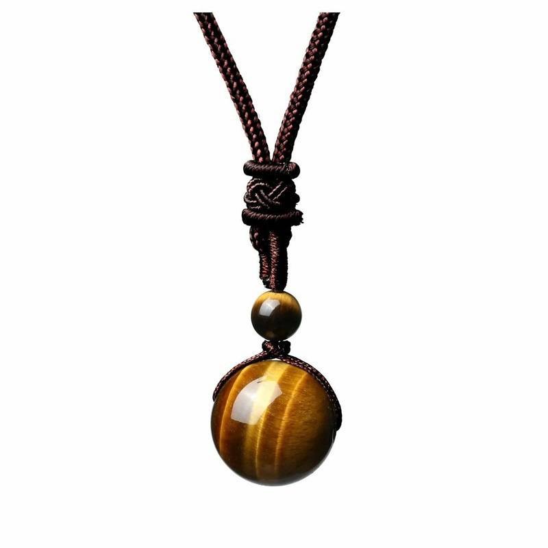 Handmade Woven Tiger Eye Stone Pendant Necklace Vintage Natural 10mm Gemstone Jewelry for Men and Women Simple Retro Style Accessory