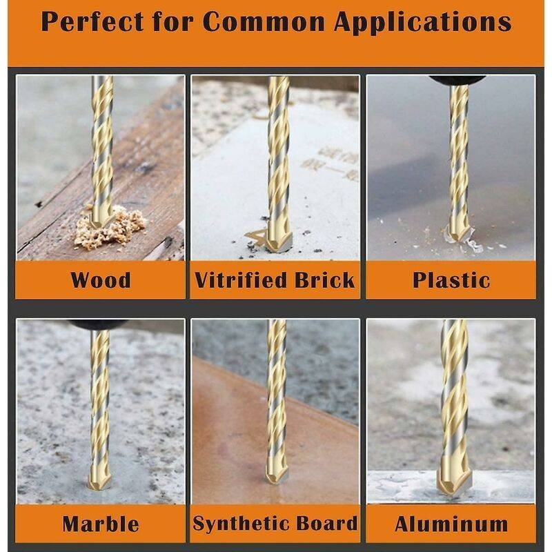 Multi-Material Drill Bit Set With Double Groove Carbide Tip For Tile, Concrete, Brick, Glass, Plastic, Wood, Metal,