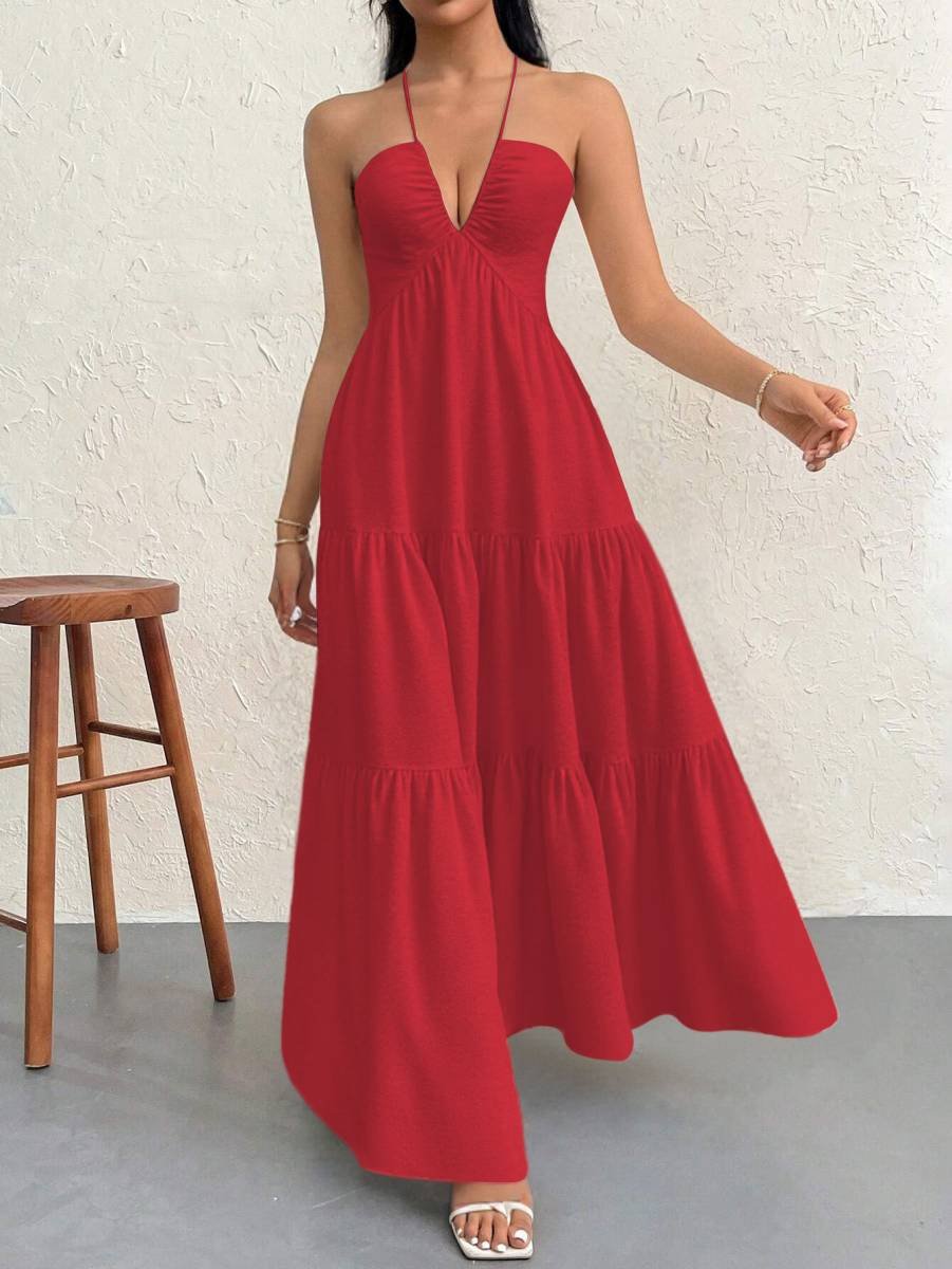 Red L Size Women's Elegant Halter Maxi Dress Summer Backless V-Neck Sleeveless Long Beach Resort Gown 