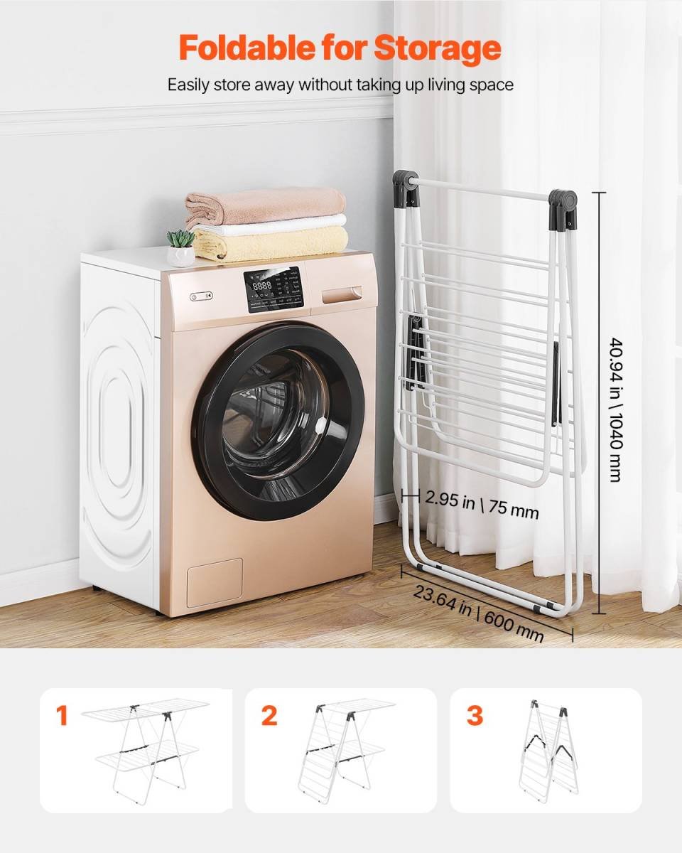 VEVOR 2-Tier Foldable Clothes Drying Rack with Sock Clips & 31 Drying Rods White