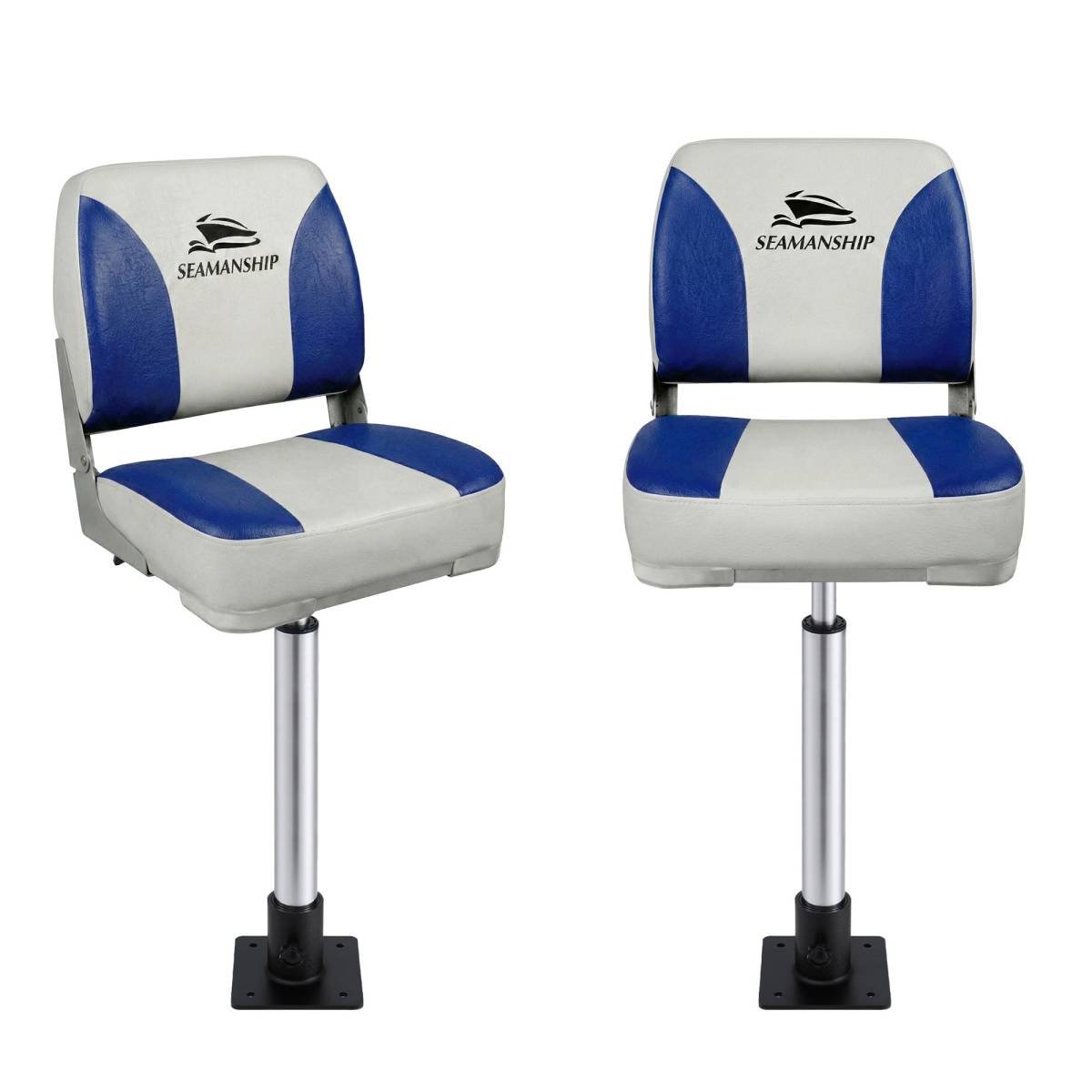 Seamanship 2X Folding Boat Seats with 2X Adjustable Pedestals 55–75cm Marine Swivel Low Back 13cm Padding White Blue