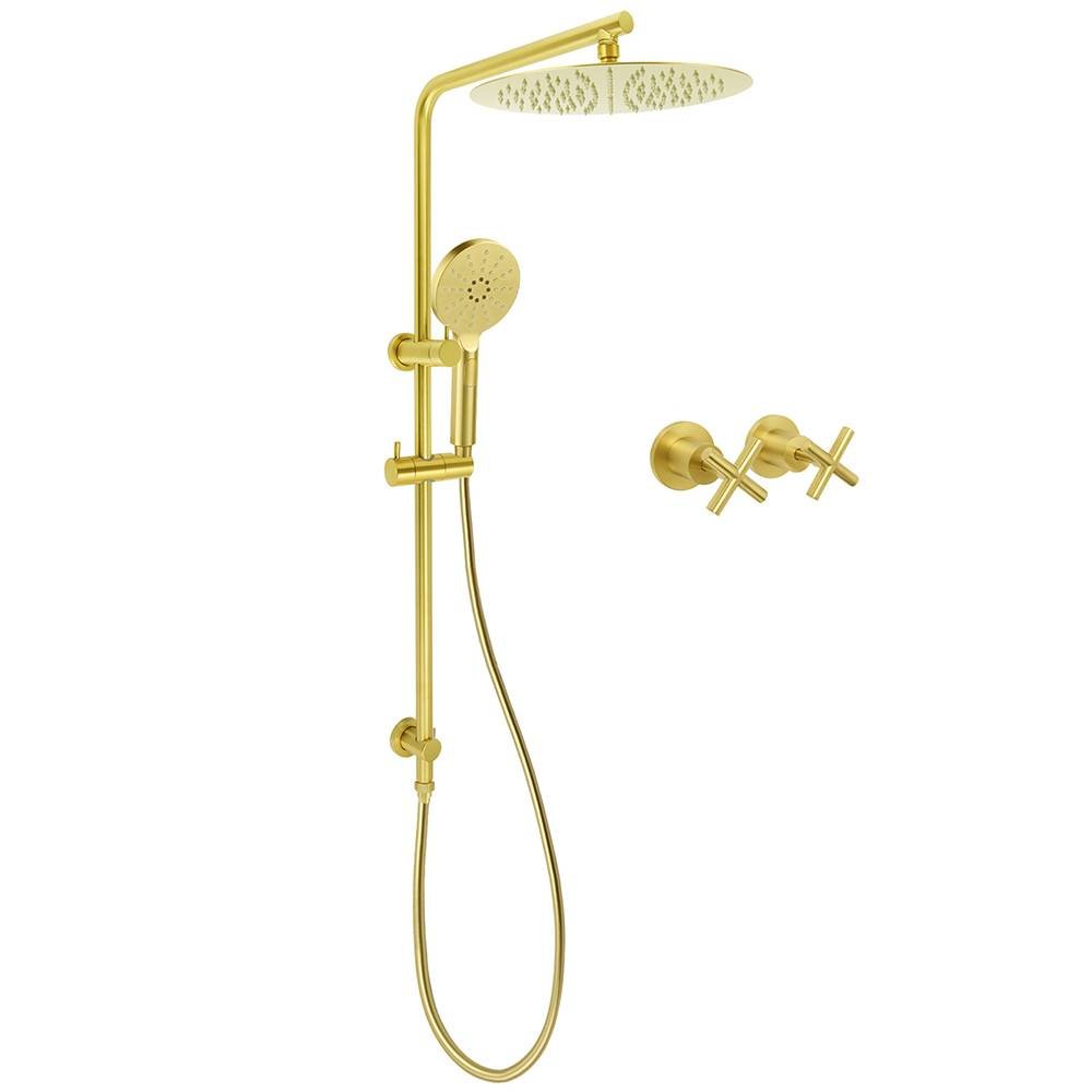 WELS Brushed Gold Twin Shower Large Round 12" Rain Head Handheld Silde Wall Rail Arm Stylish Mixer