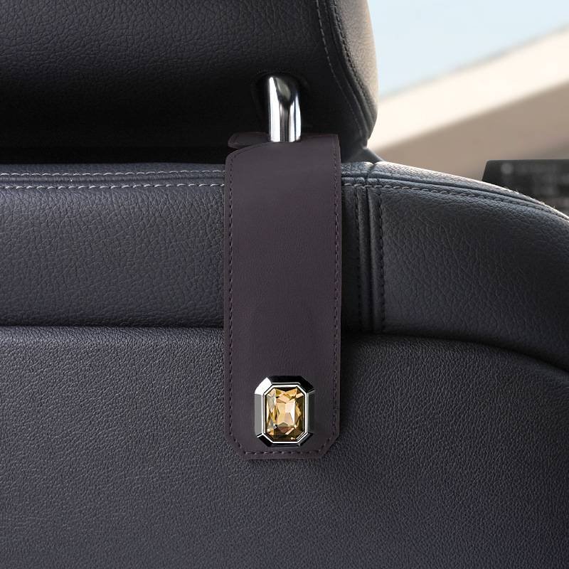 Grey Car Multi-Functional PU Leather Hook with Crystal Decoration – Hidden Storage Hook for Front and Rear Seats (Set of 2)