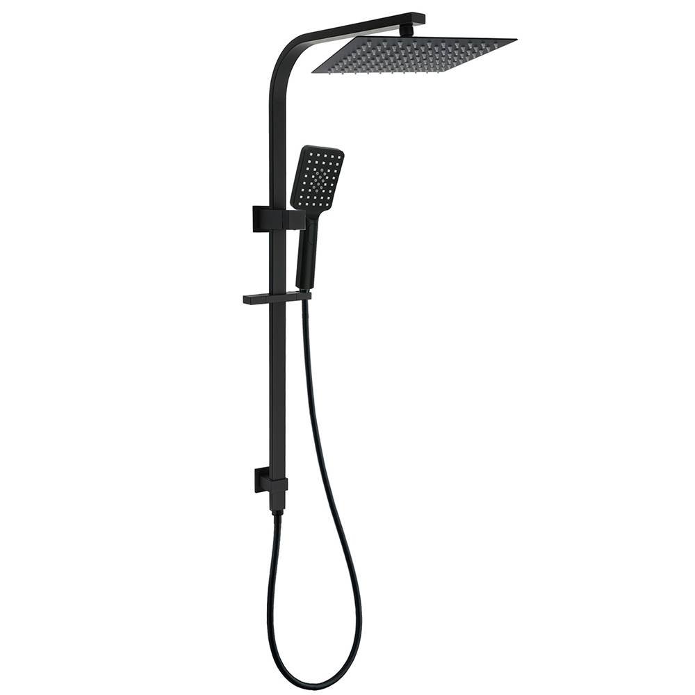 WELS Matt Black Dual Shower Set 10" Square Rain Head Handheld Silde Rail Arm Kit